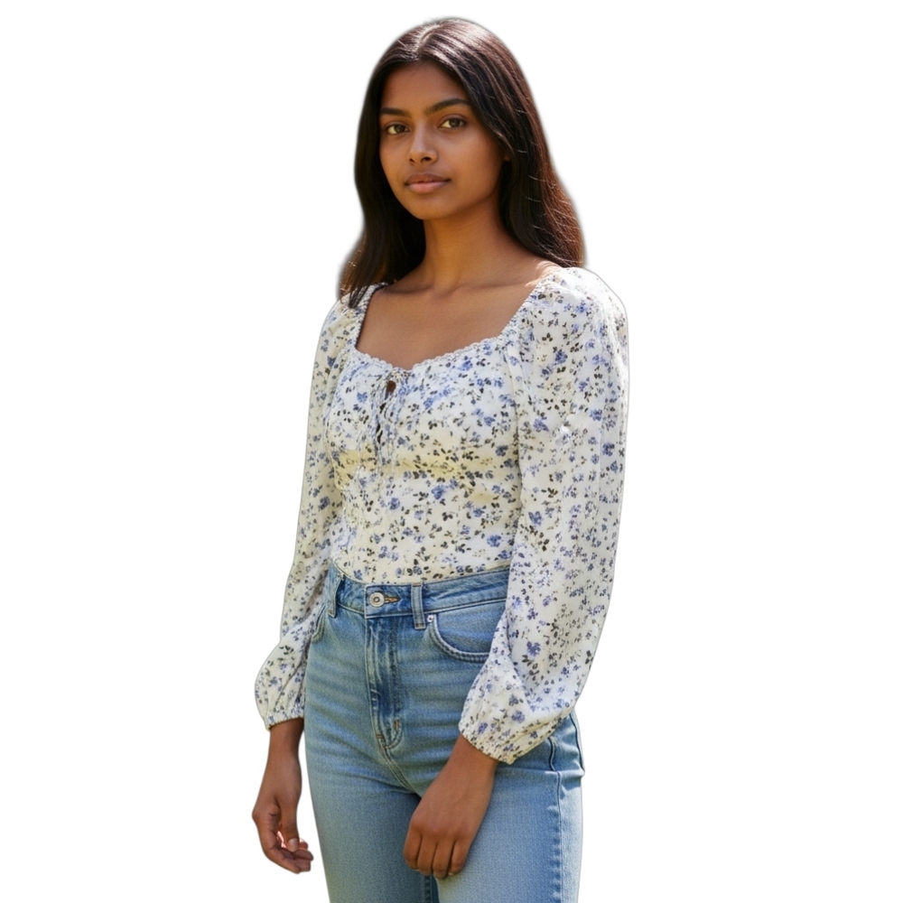Abercrombie & Fitch Floral Long Sleeve Square Neck Crop Top Sz Small